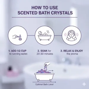 A simple diagram or visual guide showing the correct amount of scented bath crystals to add to a full bathtub for optimal use.