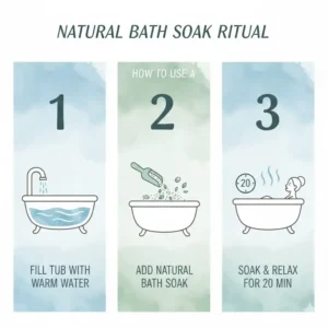 Illustration 7: A visual guide showing the perfect water temperature to activate the minerals in a natural bath soak without irritating the skin.