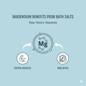 Illustrative graphic showing how the magnesium in organic bath salts helps soothe muscles and detoxify the skin.