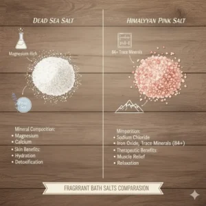 Comparison chart or diagram differentiating between Dead Sea salt and Himalayan salt, two popular bases for fragrant bath salts.