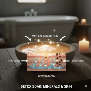 A schematic showing mineral ions from a natural soak being absorbed through the skin, illustrating the detoxification process facilitated by the best natural bath salts.