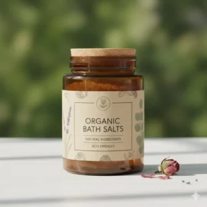 Stylish and sustainable packaging for the best organic bath salts, highlighting natural ingredients and eco-friendly design on the label. (Illustration 1)