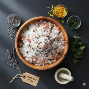 A visual display of mineral-rich elements used in the best organic bath salts, including Epsom salt, pink Himalayan salt, and Dead Sea salt crystals. (Illustration 2)
