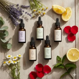 A collection of pure essential oils such as lavender and chamomile, which enhance the benefits and scent of the best organic bath salts. (Illustration 3)