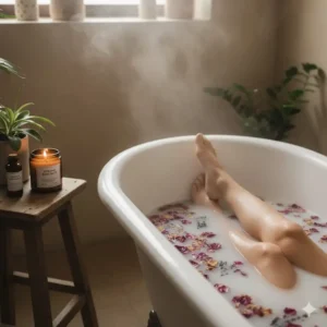 A person enjoying a quiet, relaxing moment soaking in a warm bathtub infused with the best organic bath salts for muscle relief. (Illustration 4)