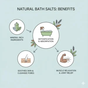 An infographic detailing the skin and muscle benefits, like detoxification and relaxation, provided by the minerals in the best organic bath salts. (Illustration 5)