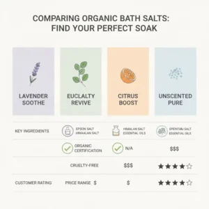 A comparison of different brands and product qualities to help consumers choose the best organic bath salts based on value and specific needs. (Illustration 7)