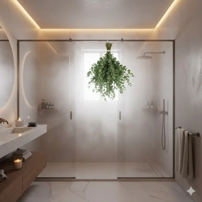 A luxury bathroom interior featuring steam and fresh eucalyptus hanging for aromatherapy showers.