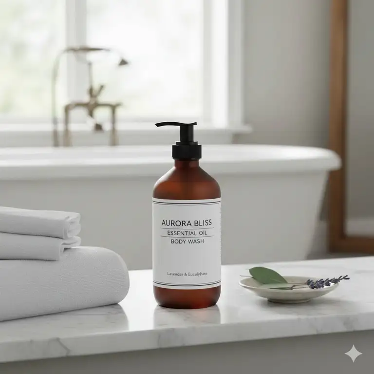 A luxury bottle of essential oil body wash placed on a marble surface in a bright bathroom.
