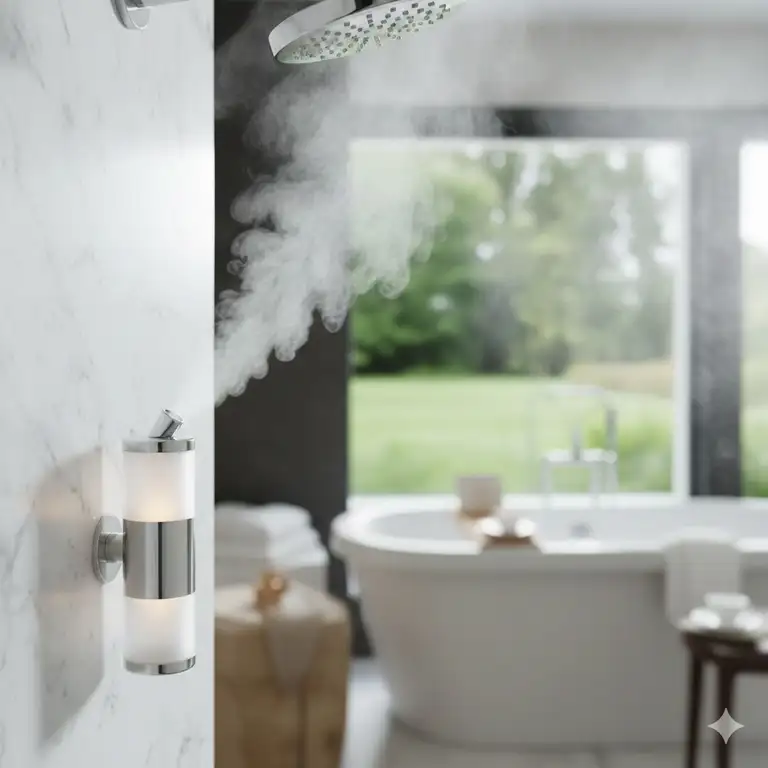 A luxury shower scent diffuser mounted on a marble wall releasing a calming aromatic mist in a modern bathroom.