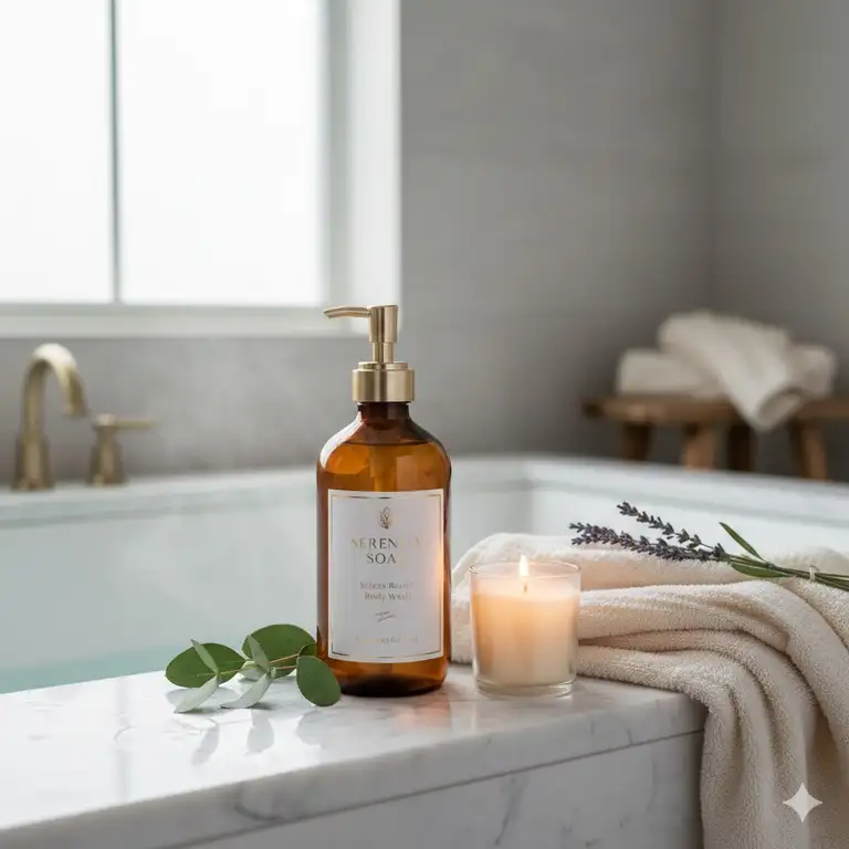 A luxury bottle of stress relief body wash on a marble bathtub ledge with a lit candle and towel.