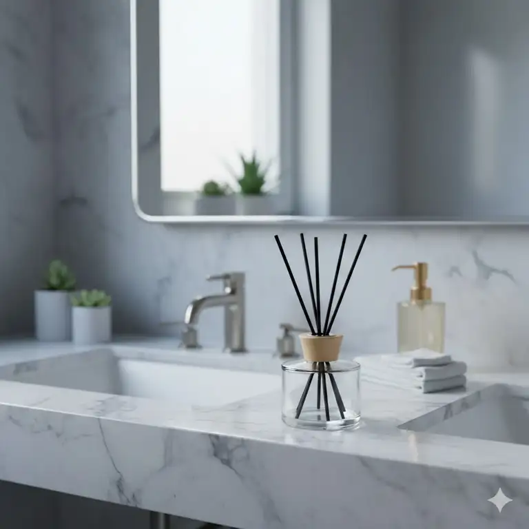 A stylish reed diffuser in toilet placed on a modern marble countertop.