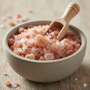 Close-up of coarse Himalayan pink bath oils and salts in a ceramic bowl with a small wooden scoop