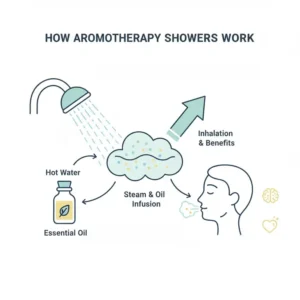 A technical diagram illustrating how steam and essential oils combine during aromatherapy showers.