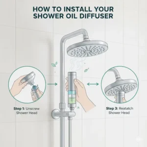 Step by step illustration showing how to properly install a shower oil diffuser onto a standard showerhead.