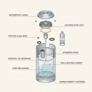 A detailed technical diagram showing the internal components and reservoir of a shower scent diffuser.