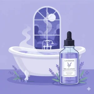A bottle of lavender used as the best essential oil for bathroom relaxation near a bathtub.