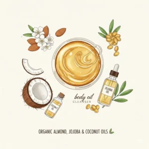 An artistic display of organic ingredients used to create a natural oil body wash formula.