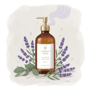 An illustration of fresh lavender sprigs surrounding a bottle of stress relief body wash for aromatherapy.