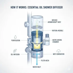 Technical diagram explaining the internal flow and mechanism of an essential oil shower diffuser.