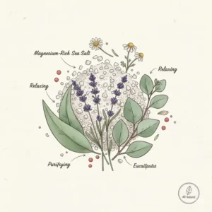 A botanical drawing of organic ingredients used when you order bath salts from our natural collection.