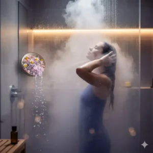 A person enjoying the steam of a hot shower infused with shower salts aromatherapy for stress relief.