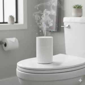 An ultrasonic essential oil diffuser in toilet tank emitting a fine mist.