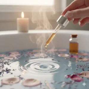 A hand adding essential bath oils and salts into a steaming tub of water for a relaxing soak.