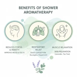 An informative infographic highlighting the health and relaxation benefits of using a shower oil diffuser.