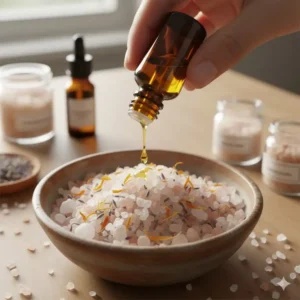 Dropping organic essential oils into a bowl of coarse sea salt to create DIY shower salts aromatherapy.