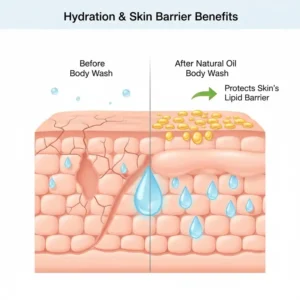 A scientific diagram showing how natural oil body wash protects the skin barrier and provides hydration.