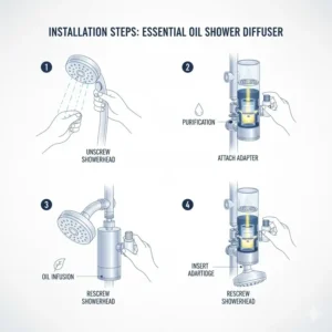 Step-by-step graphic showing the easy installation process of an essential oil shower diffuser