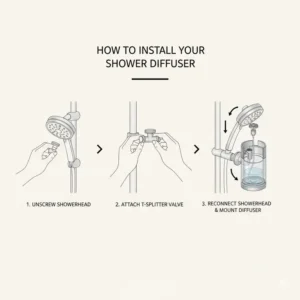 An easy step-by-step illustration showing how to install a shower scent diffuser onto a showerhead.