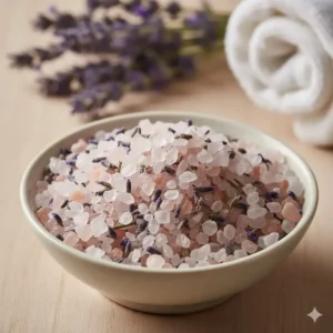Soothing bath crystals mixed with dried lavender buds to promote relaxation and better sleep.