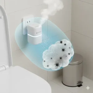 An illustration showing how an active diffuser in toilet helps neutralize unpleasant odors.