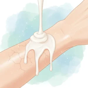 A digital graphic showing moisturizing droplets from a stress relief body wash hydrating dry skin.