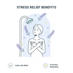 An illustration of a person relaxing and experiencing the stress relief benefits of aromatherapy showers.
