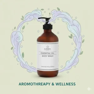 Stylized steam and aromatherapy scents rising from a premium essential oil body wash.