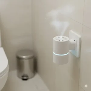 A compact plug-in wall diffuser in toilet used for continuous freshening in small spaces.