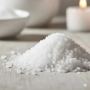 Detailed texture of white Epsom bath oils and salts highlighting the mineral crystals.