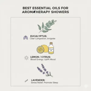 A visual guide showcasing the best essential oils to use for aromatherapy showers like lavender and eucalyptus.