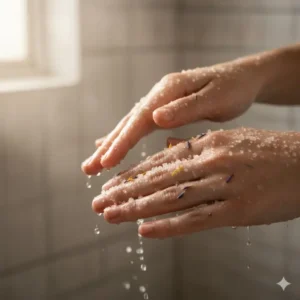 Close-up of hands applying shower salts aromatherapy blend to the skin for gentle exfoliation and scent.
