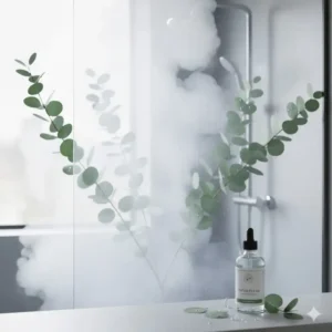 Fresh eucalyptus leaves and steam representing the best essential oil for bathroom shower use