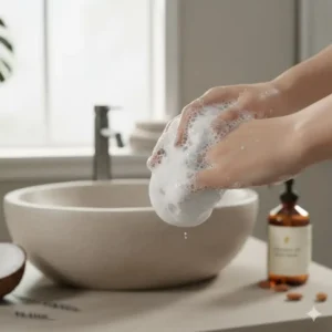 A close-up view of the rich and silky foam produced by a high-quality natural oil body wash.