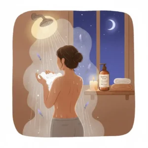 A peaceful illustration of a person in a shower using stress relief body wash as part of a bedtime routine.