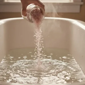 A hand pouring soothing bath crystals into warm running bath water to create a relaxing soak.