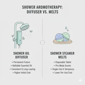 A comparison chart showing the differences between a permanent shower oil diffuser and disposable shower melts.