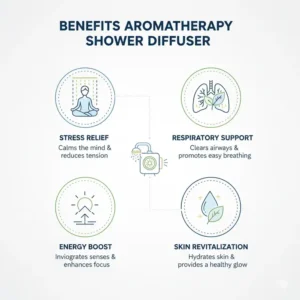 Infographic listing the health and aromatherapy benefits of using an essential oil shower diffuser.