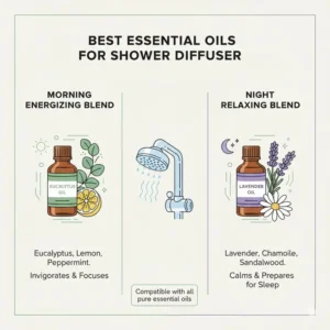 A collection of eucalyptus and lavender oils compatible with an essential oil shower diffuser.
