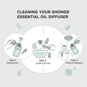 A detailed diagram illustrating the routine cleaning and maintenance of a shower oil diffuser to prevent clogs.
